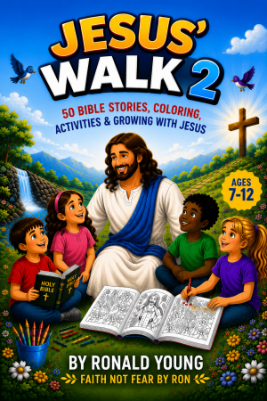 Jesus' Walk 2 eBook cover featuring Jesus sitting with four smiling children in a colorful meadow, surrounded by Bible stories, coloring pages, crayons, flowers, mountains, and a glowing cross. Designed for ages 7–12 by Ronald Young.