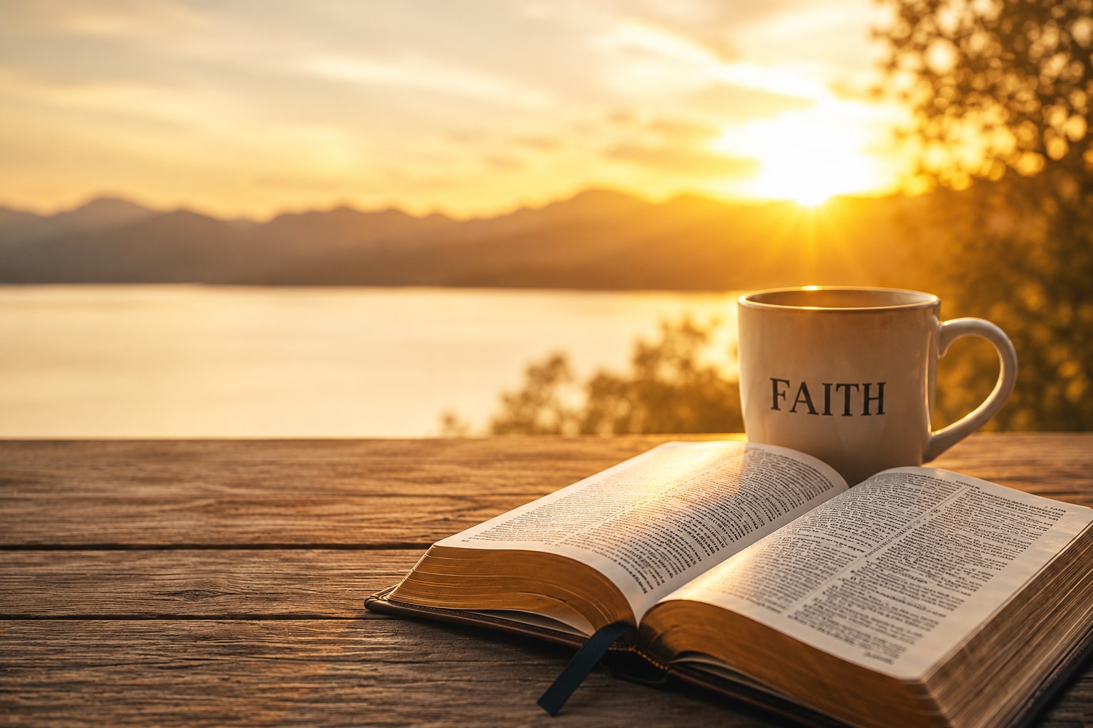 Open Bible bathed in golden light